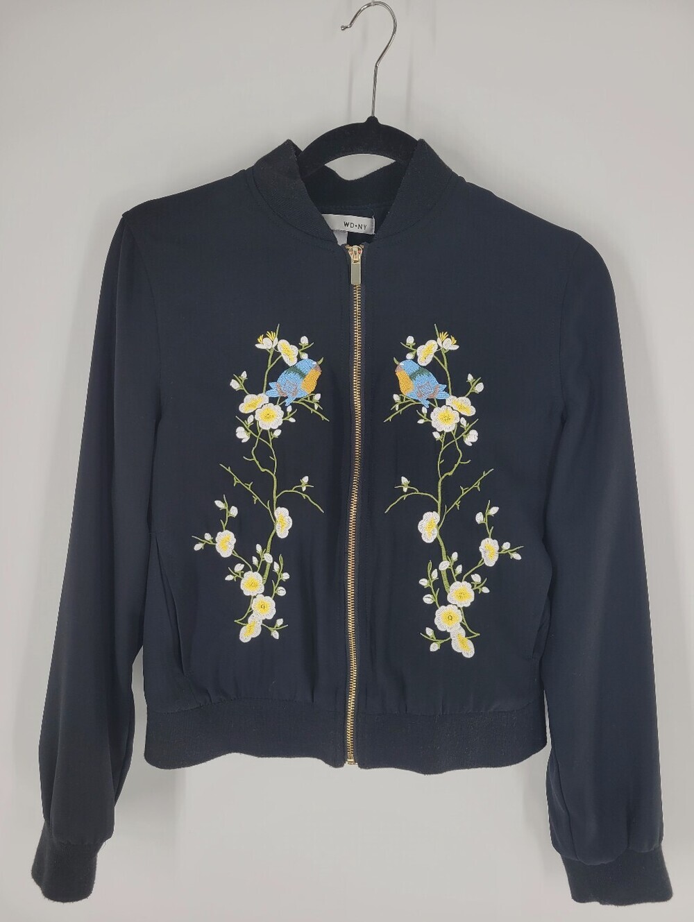 WD.NY Black Bomber Jacket with Floral & Bird Embroidery Size M